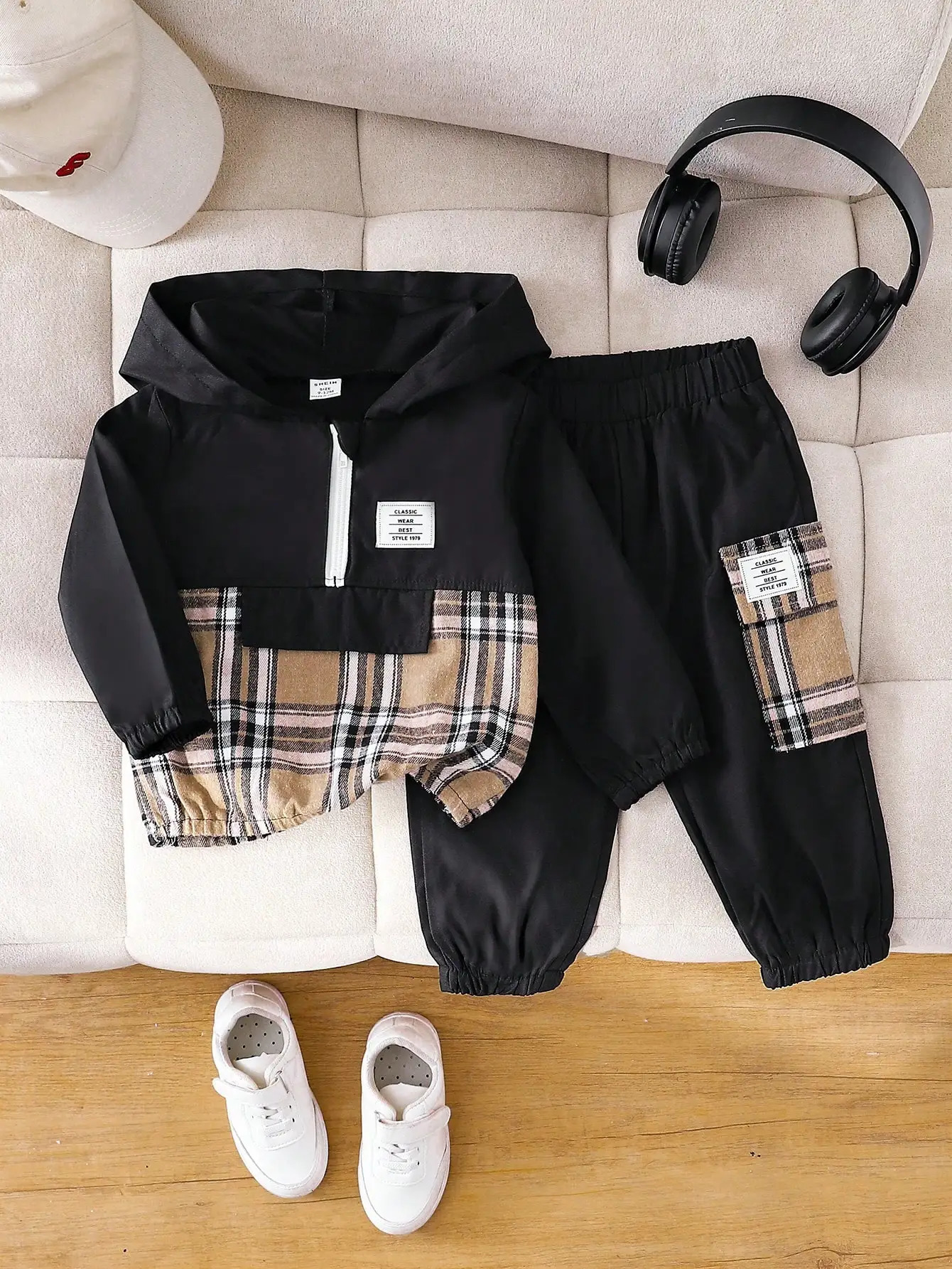Hoodie Matching Color Long Sleeve Zipper Half Cardigan Top Elastic Waist Corset Foot Pocket Pants Handsome Boy Baby Black Suit 250813