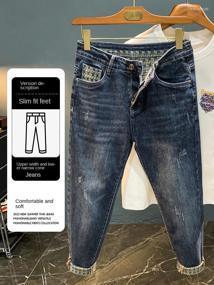 Designer Men's Jeans Spring Trendy For High End Light Luxury Design Fashion High Quality Thousand Grids Print Elastic Casual Straight Fit Loose C