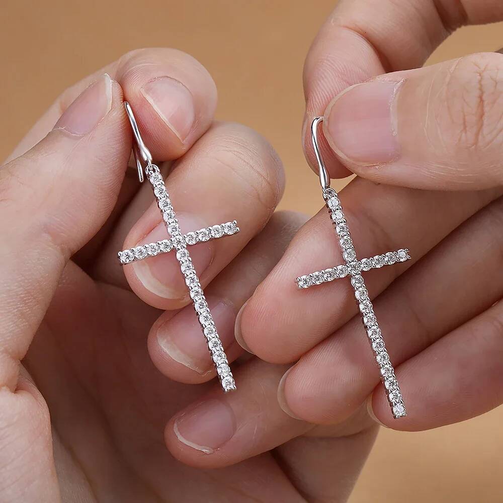 NKHOG Full 1.8mm Moissanite Cross Drop Earring 925 Sterling Silver Trendy Diamond Ear Stud For Women Party Gift Fine Jewelry GRA