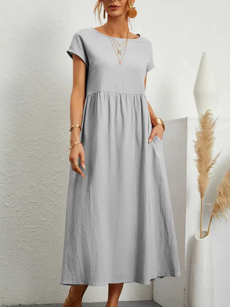 2023 Women Vintage Solid Dress Summer Ele O Neck Short Sleeve Cotton Linen Dresses Fe Casual Loose Sundress Long Dress XJ250814