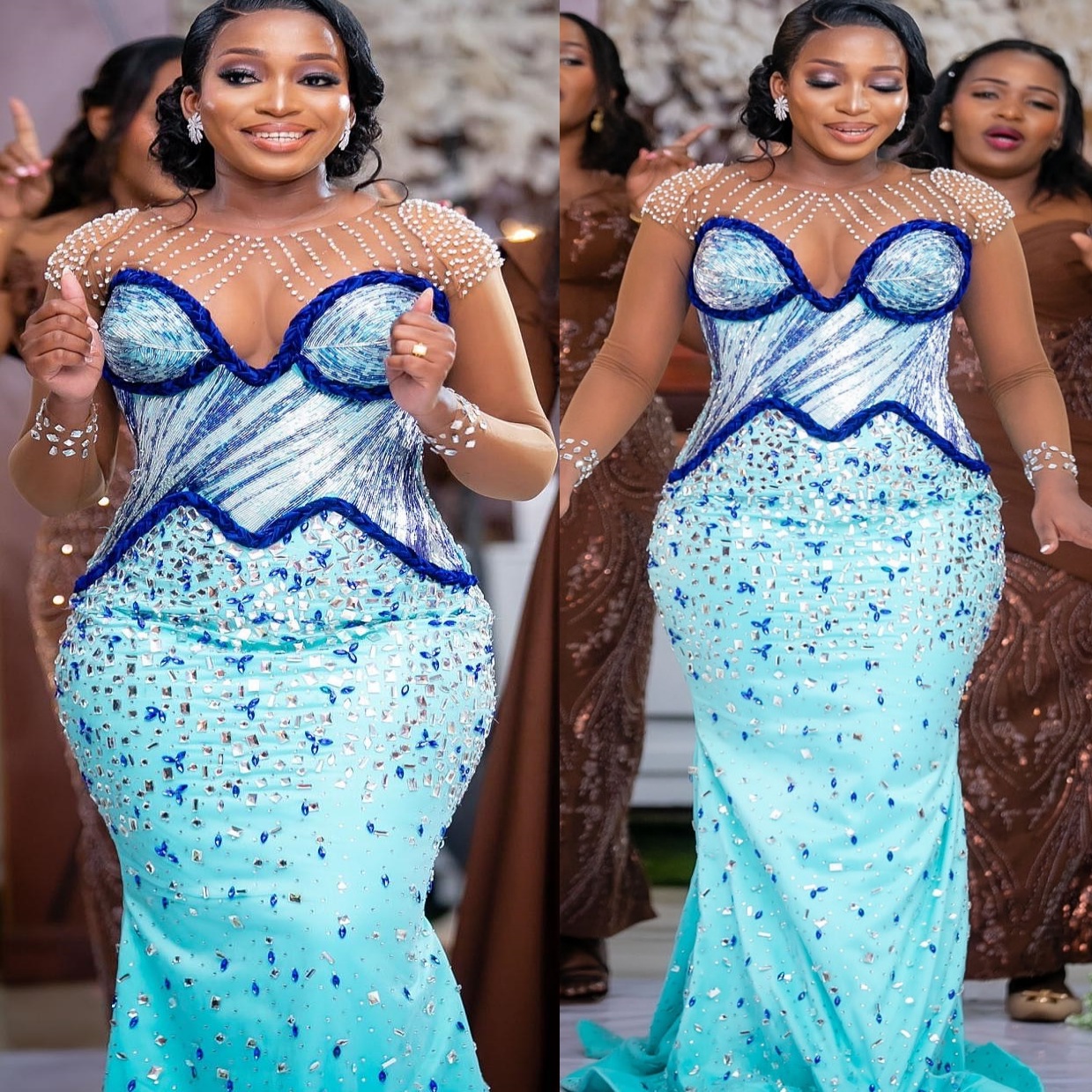 Mermaid Sky Blue Prom Dresses 2025 Crystals Beaded Sheer Neck Luxurious Evening Formal Party Second Birthday Engagement Gowns Plus Size Dress For Spec