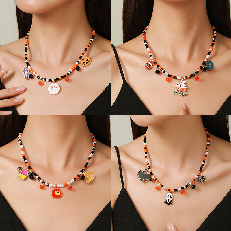 New Fashion Versatile Halloween Ghost Pumpkin Multi-Pendant Seed Bead Necklace
