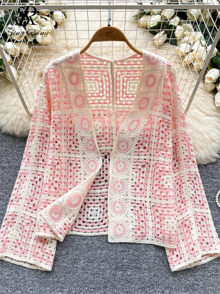 SINGREINY Vintage Boho Loose Plaid Cardigans Female Long Sleeves Hook Flower Hollow Tops 2025 Vacation Sunscreen Casual Shirt y250904