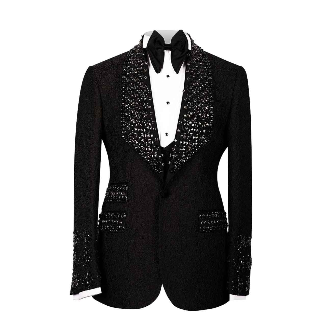 Gold Gem Stone Crytals Men Suits Shawl Lapel Groom Wedding Tuxedo 3 Pieces Sets Dinner Party Blazers Customized Costume Homme