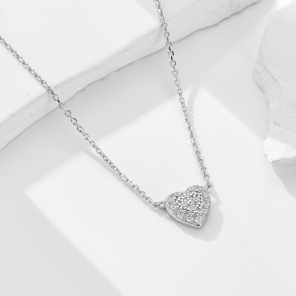 S Pure Sier Heart-Shaped Micro-Paved Zircon Necklace for Women, Light Ins Sweet Versatile Full Dia Heart Collarbone Chain Jewelry for Women