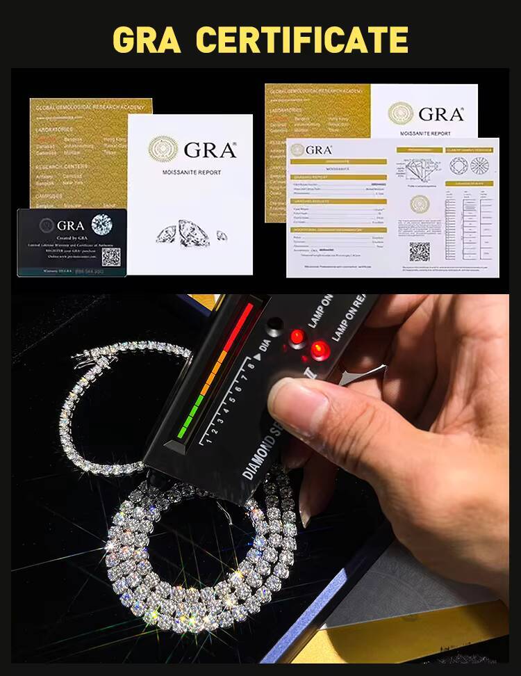 925 Sterling Silver Fine Jewelry Tennis Chain VVS Cut Moissanite Stone with Diamond Tester Pass Necklace