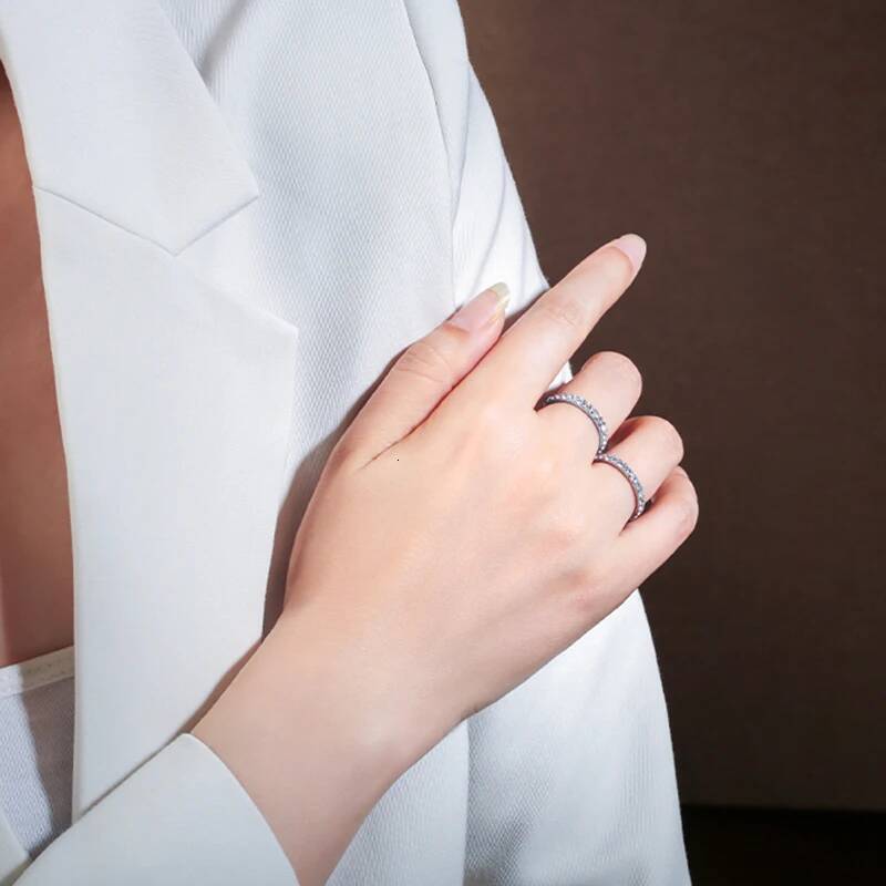 Anziw Classic Stackable Rings 925 Sterling Silver 2mm D Moissanite Eternity Band Wedding Engagement Ring for Women Fine Jewelry