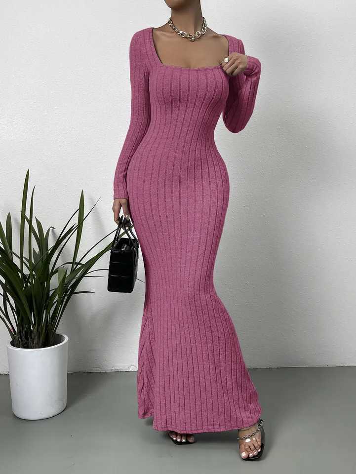 Mature Sexy Fashion New Line Neck Low Cut Solid Color Slim-fit All-match Long-sleeve Dress XJ250814