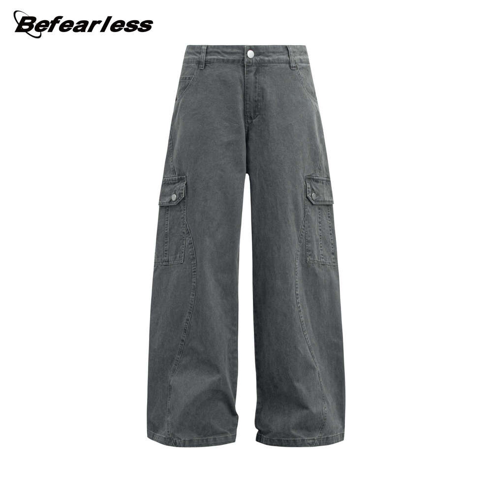 American Style Washed Vintage Loose Straight Cargo Unisex Trendy Multi-Pocket Draped Casual Long Pants B5