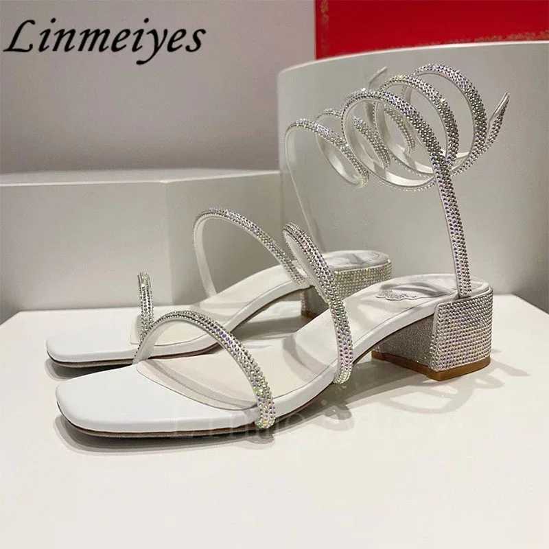 2024 Summer Crystal Sandals Women Ankle Snake Twine Around Wedding Shoes Female Square Heels Sandals Woman W250814