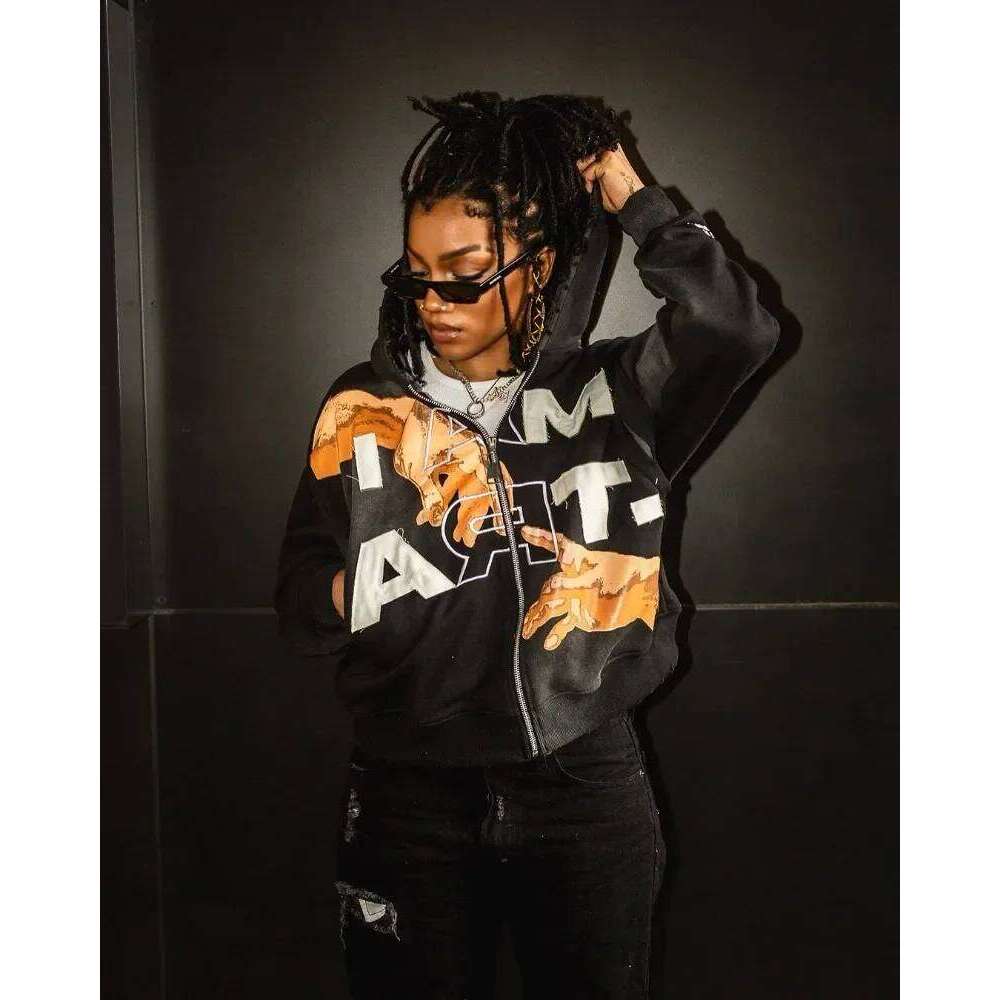 American Retro Letter Print Haruku Y2k Loose Sweatshirt Men Street Casual Fashion Couple Oversized Zipper Hoodie Women