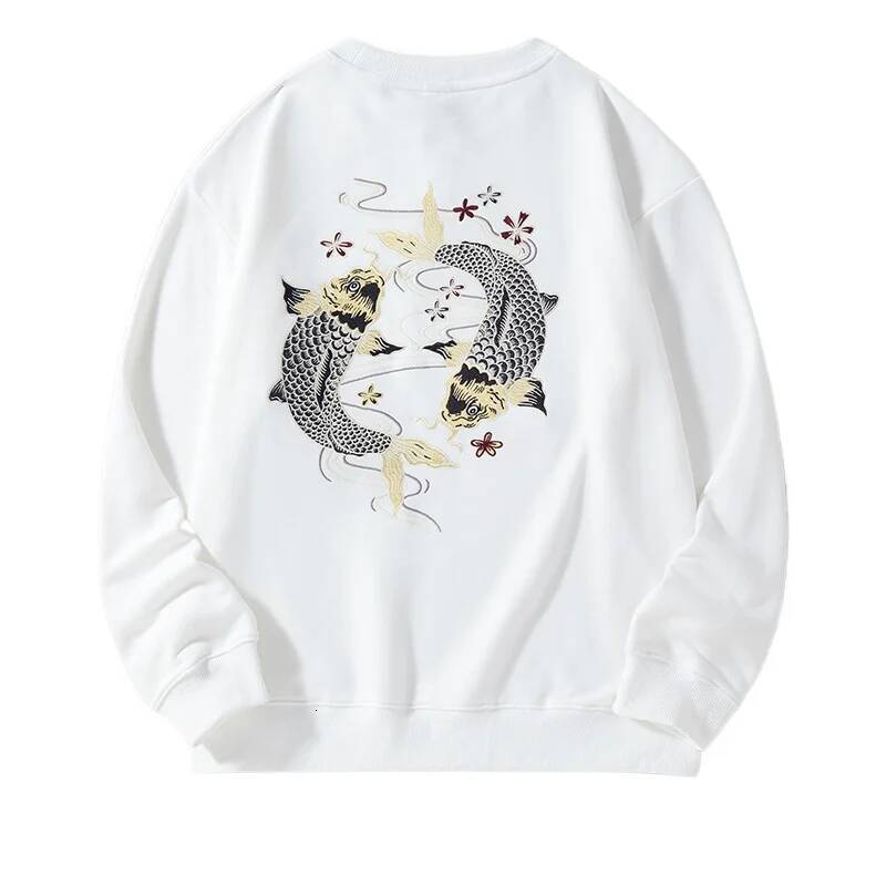 Autumn Embroidery Men Women Chinese Carp Casual Crewneck Sweatshirt Cotton Fashion Hooded Hoodies Haruku Unisex Male