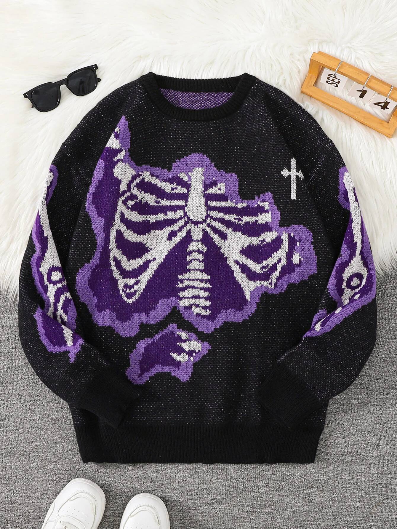 New Popular Spring And Autumn Bone-Shaped Butterfly Jacquard Pattern Pullover Sweater Casual Round Neck Contrast Color Knitted M