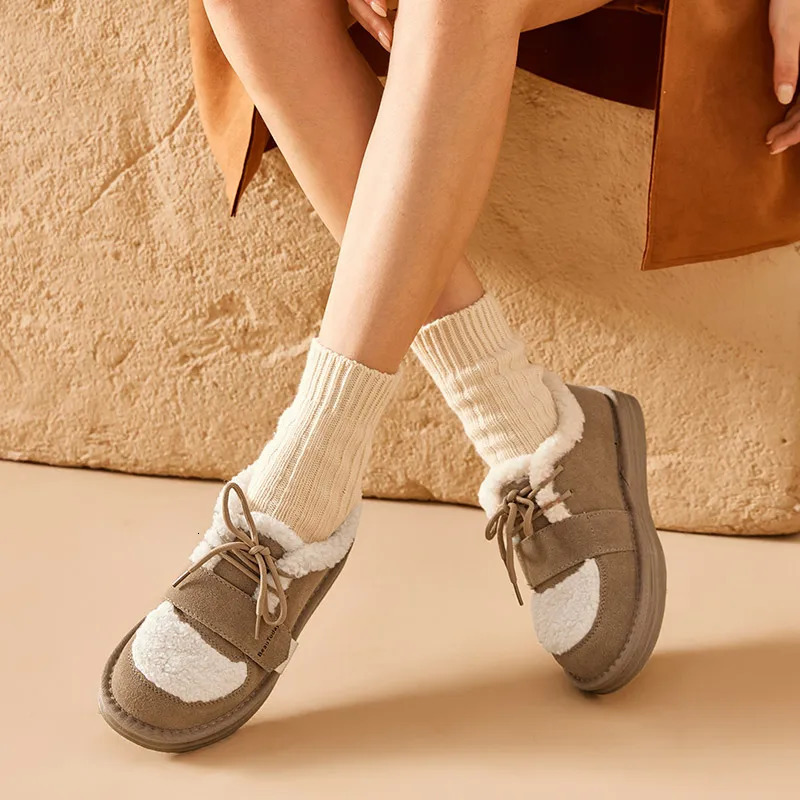 BEAUTODAY Furry Flats Women Cow Suede Round Toe Solid Color Hook Loop Lace-Up Winter Ladies Warm Shoes Handmade 27843 250809