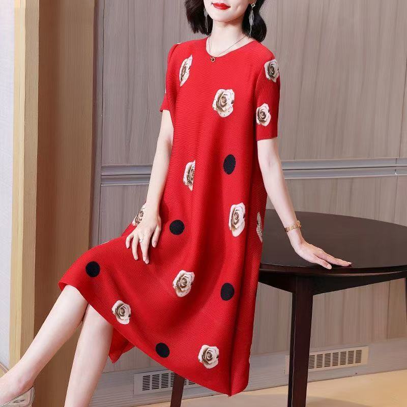 plus size women's new long sleeve high waist printed banquet dress mid-length skirt D02490