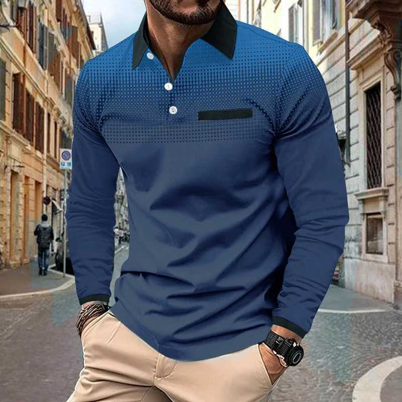 Fashionable 3D Digital Contrasting Print Mens Lapel Long Sleeved Polo Shirt with Button Design for Comfortable Outdoor WearXJ250804