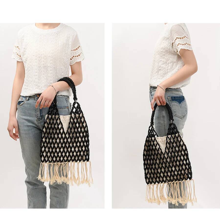 Summer Braided Bead Purse Handbags Solid Color Hollow-out Woven Tote Female Travel Fringe Beach Reticulate netted Canvas Clutch high-quality
