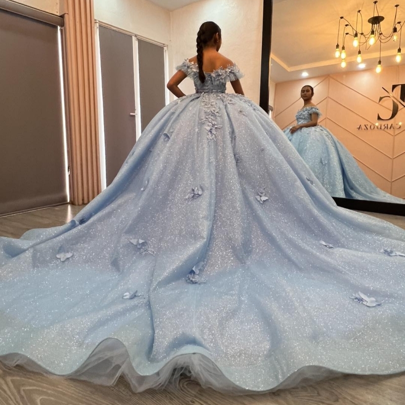 Sky Blue Shiny Quinceanera Dresses Off The Shoulder Applique Beading Bow Tull Party Birthday Ball Gown Vestidos De 15 Anos Sweet 16 Dress