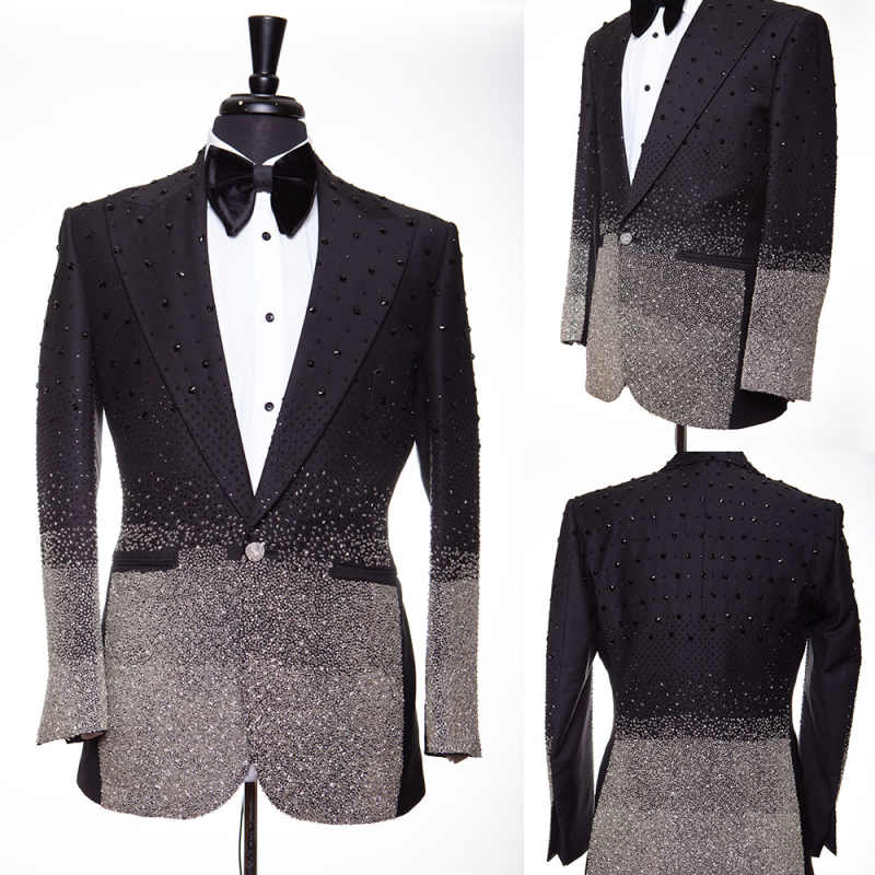 Unique Design Customized 2 Pieces Men Suits Peaked Lapel One Button Wedding Tuxedos Crystal Beadeds Groom Party Wear