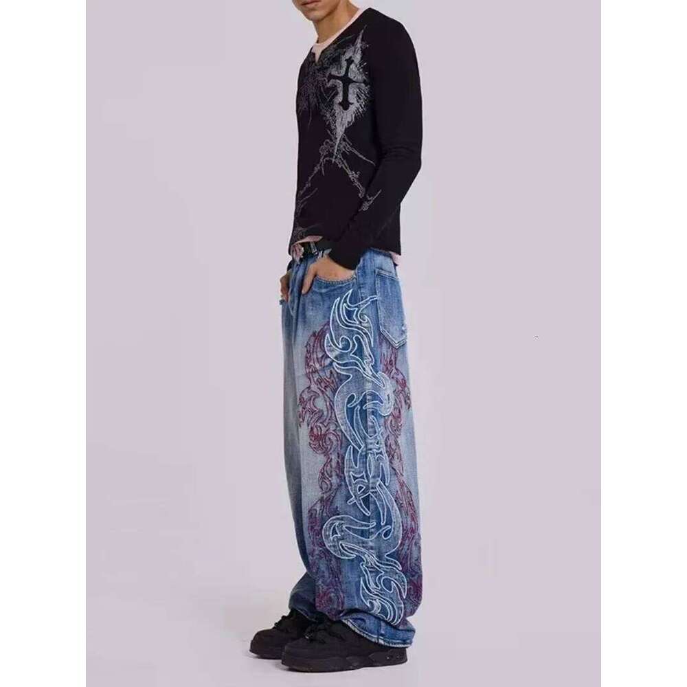 Haruku New Fashion Holes Do Old Washed Baggy Jeans Men Y2K Gothic Hip Hop Vintage Straight High Waist Wide Leg Trousers