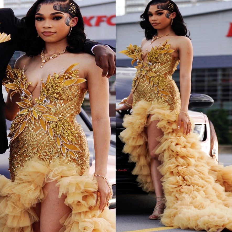 Gold Mermaid Prom Dresses 2025 Florals Beaded Crystals High Split Evening Formal Party Second Birthday Engagement Gowns Plus Size Dress For Special Oc