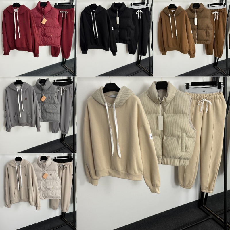 Designer Womens Vest Jacket Long Sleeve Hoodies Elastic Waist Jogger Pants 3 Piece Set Winter Warm Cotton Padded Vests Casual Loose Sweatshirts