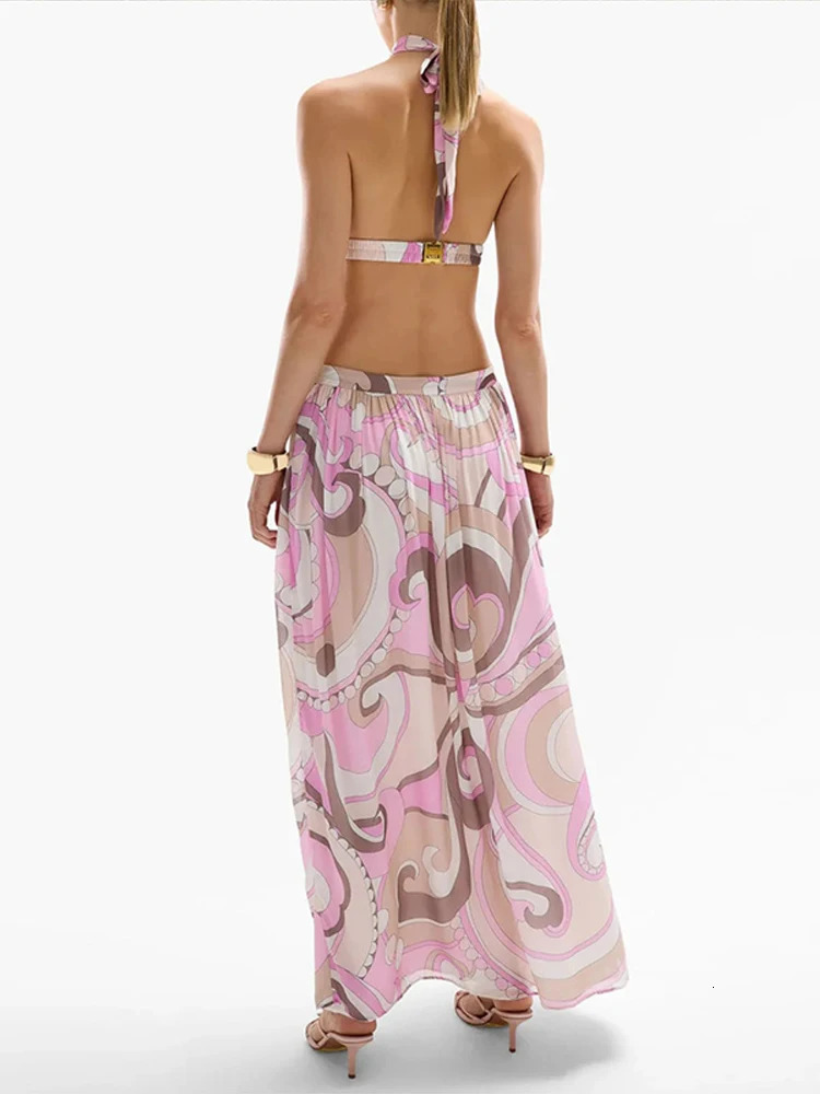 Irregular Printed Womens Long Dresses Sleeveless Backless Sexy Dress Halter Neck Top Beach Vacation Style Big Hem Lady Outsuits 250812