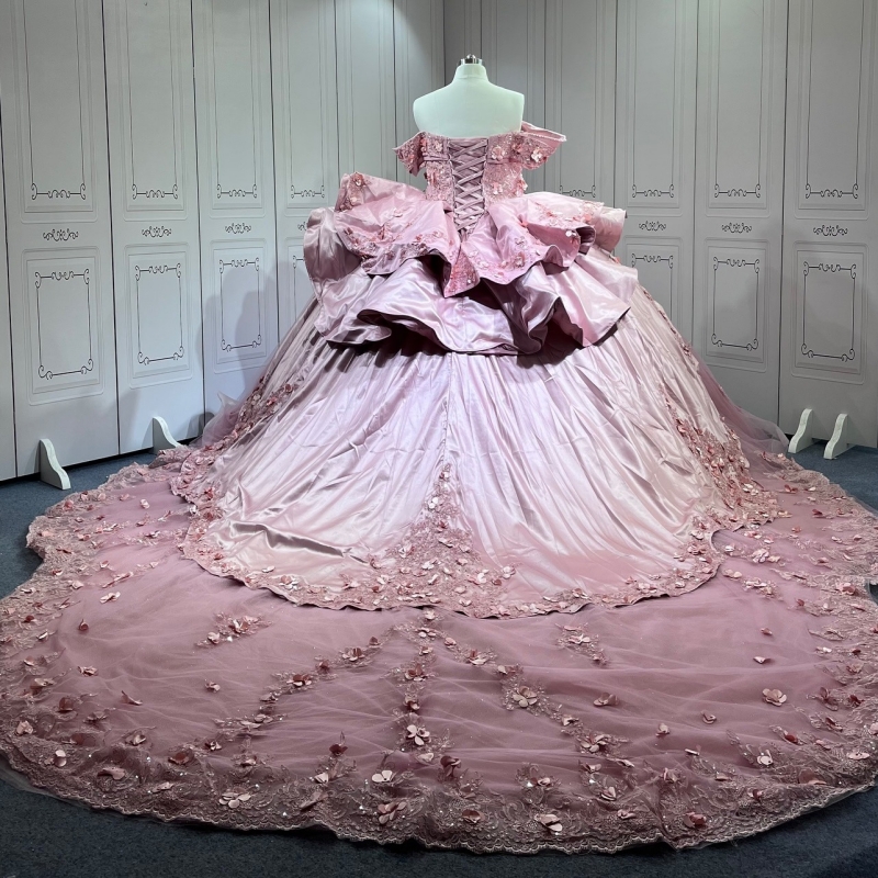 Pink Quinceanera Dresses Off The Shoulder Applique Flower Beads Tull Party Birthday Ball Gown Vestidos 15 Anos Sweet 16 Dress