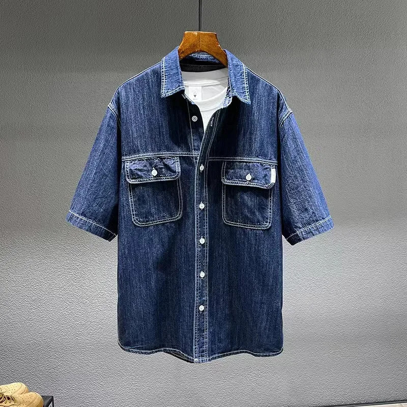 Summer Mens Denim Shortsleeved Shirt Retro Large Size Tooling Loose Casual Denim Tops Allmatch 7XL 8XL 250804