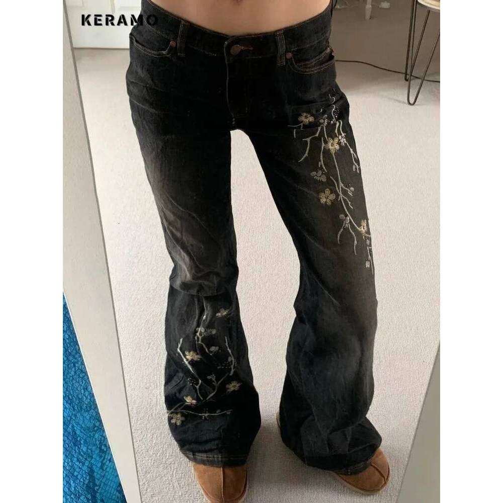 Weekeep Floral Embroidery Vintage 2000s Low Rise Flared Jeans Women Retro y2k Baggy Denim Pants High Street Basic Trousers