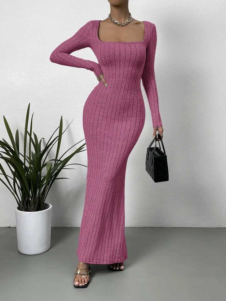 Mature Sexy Fashion New Line Neck Low Cut Solid Color Slim-fit All-match Long-sleeve Dress XJ250814
