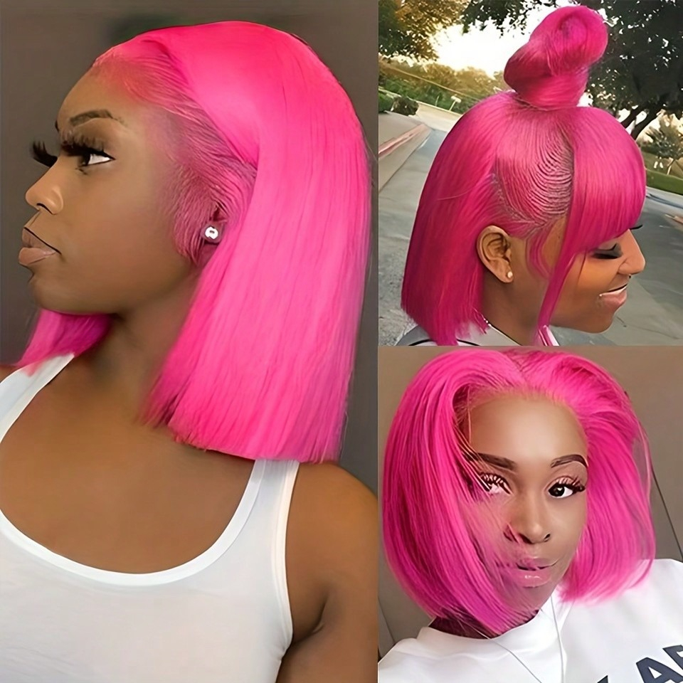 Rose Pink Straight Lace Frontal Wig Short Bob Wig 13x4 Lace Front Human Hair Wigs Wear And Go Glueless Synthetic For Women 180% Density