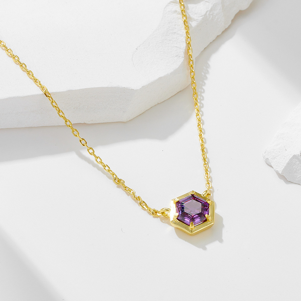 Sterling Sier Hexagonal Amethyst Zircon Pendant Necklace Light Ins Minimalist Geometric Colorful Gemstone Clavicle Chain Jewelry for Women