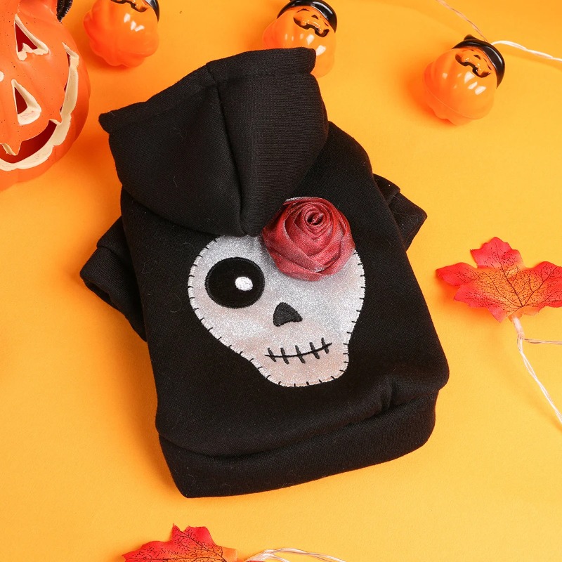 Skull Halloween Pet Sweater Clothes Dog Cat Black Thickened Funny White Skull Embroidered Button Hooded Jacket