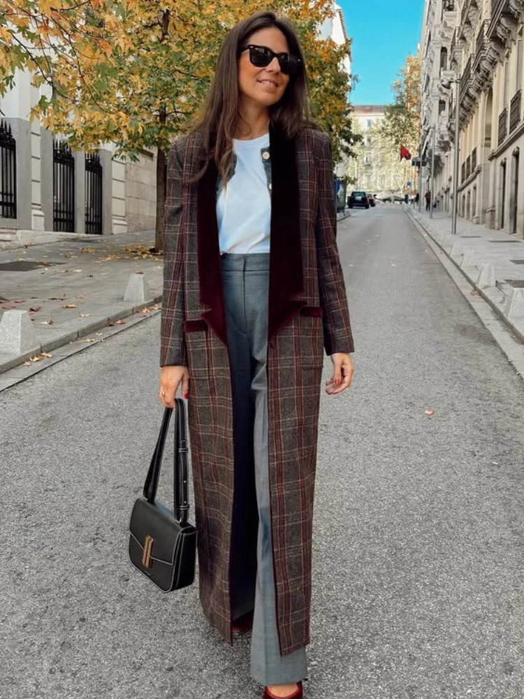 Woolen Plaid Long Coat Women Turn-down Collar Loose Long Sleeve Button Elegant Outwear Female Thicken 2025 Spring Street Jacket 250813