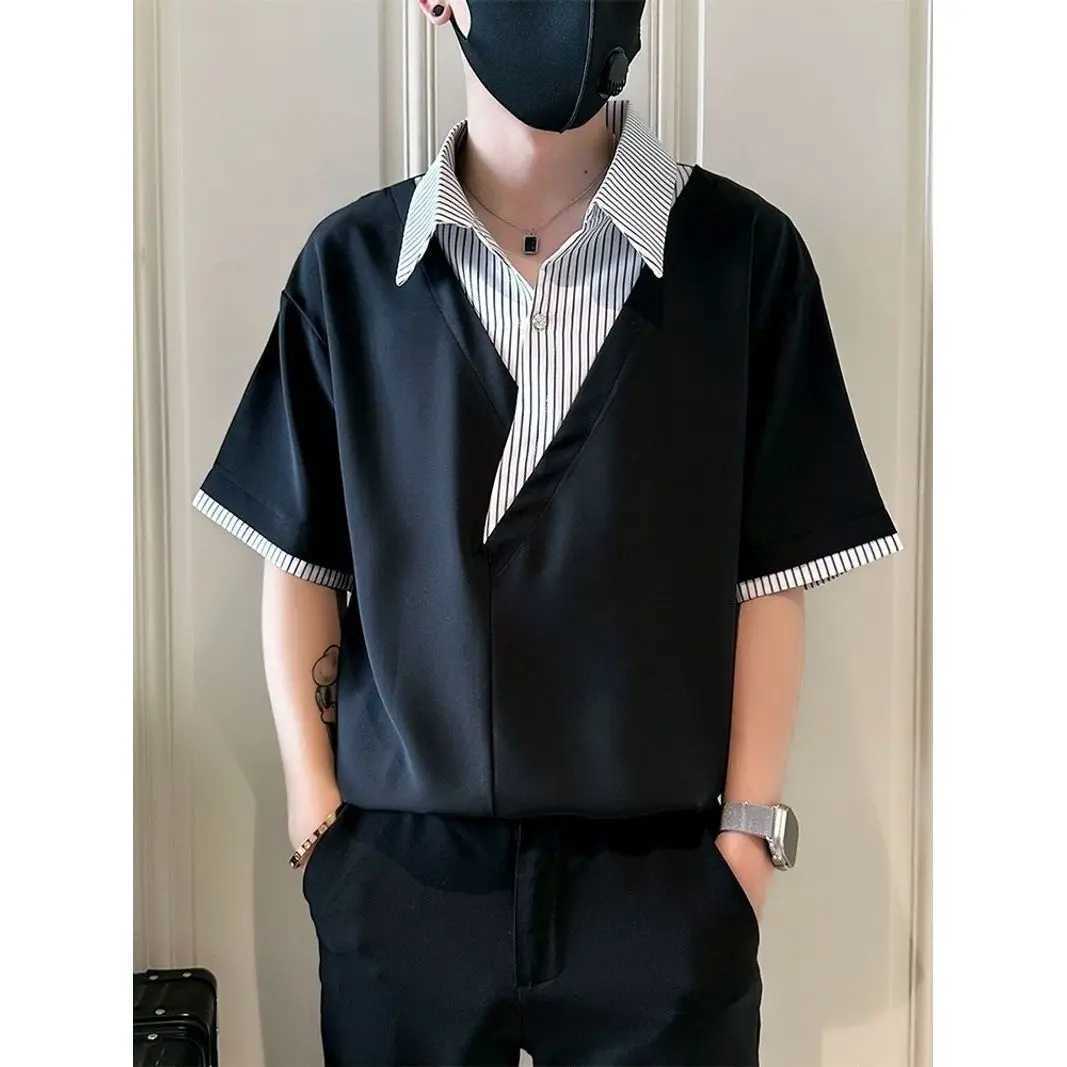 Fashion Patchwork Striped Short Sleeve Shirt Men Summer Trendy Casual XJ250804