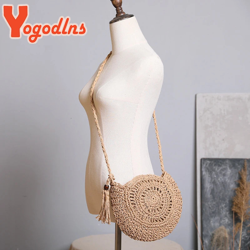 Yogodlns Round Soft Paper Rope Shoulder Bag Tassel Summer Beach Handmade Crossbody Bags Women Hollow Straw Bag Circle Rattan Bag250813