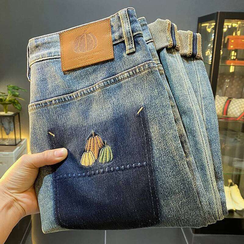 High-End Quality Retro Simple Loose Skinny Jeans Men's 2024 New Versatile Pumpkin Embroidered Harem Pants