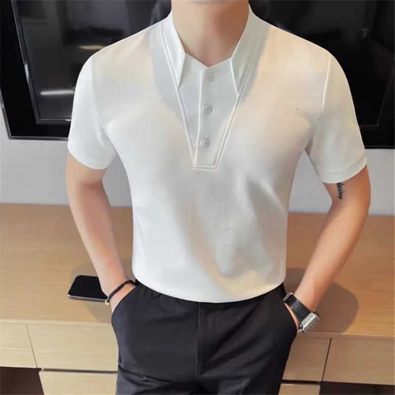 Summer Mens Polo Shirts Korean Style Fashion Turn Down Collar Solid Color Short Sleeve Slim Fit Polos Men Fake Two Pieces Tees XJ250804