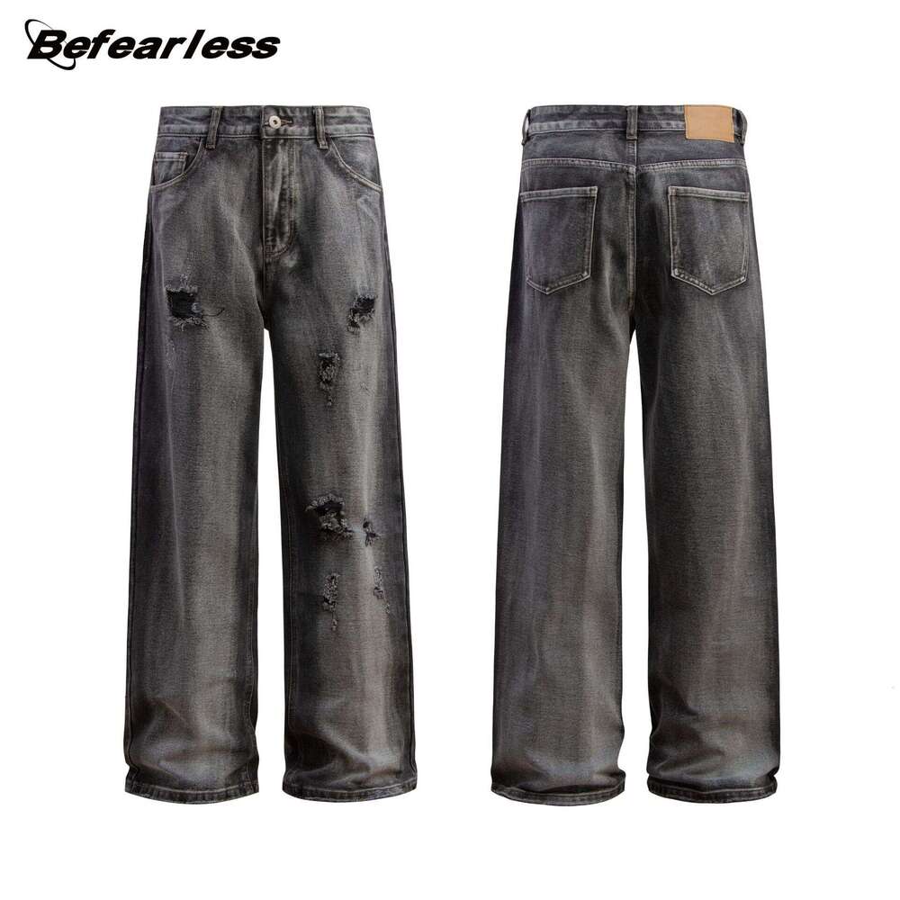 American Style Washed Ripped Cargo Jeans Trendy Loose Straight Unisex Wide Leg Floor-Length Casual Pants B5