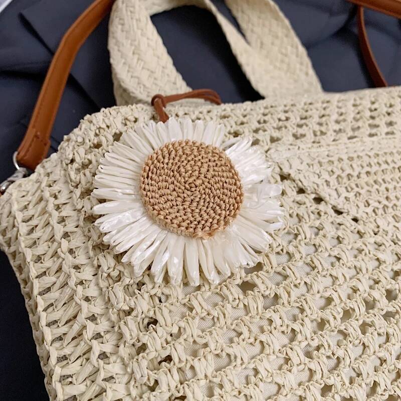 MOODS Summer Beach Straw Top-handle Bags For Women Handmade Woven Design Shoulder Crossbody Satchel Bag With Flower Pendant high-quality