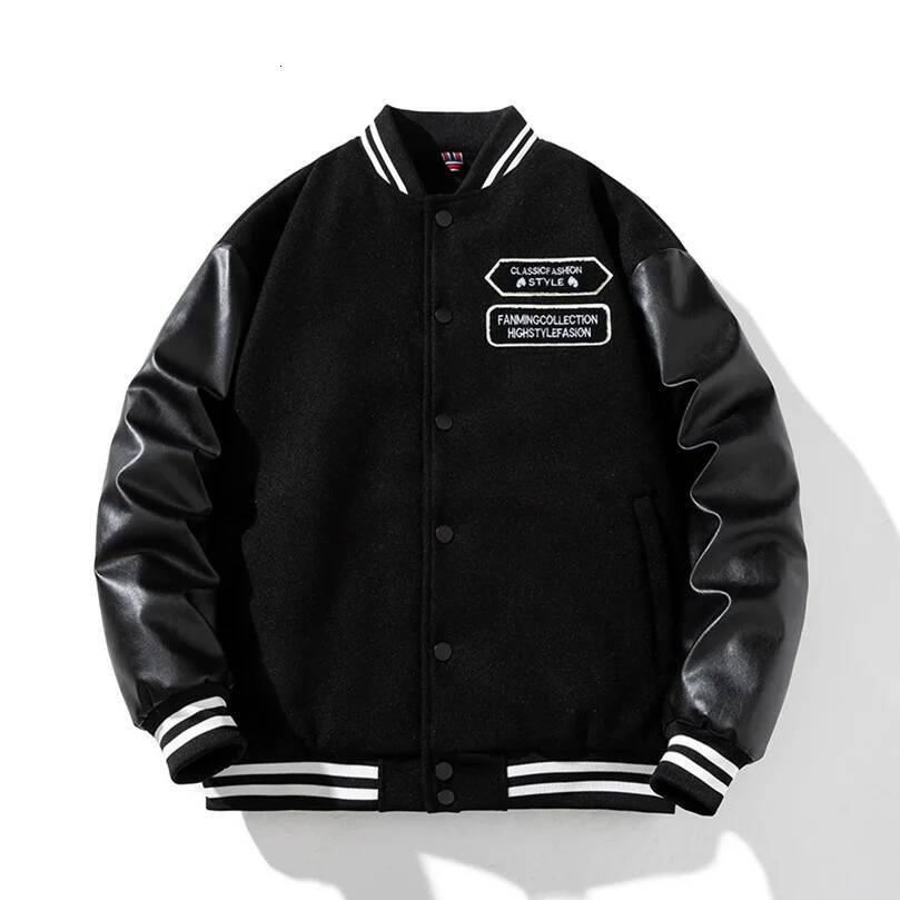 Baseball Jacket Men PU Sleeve Letter Embroidery Bomber Coat Man Vintage Spring Autumn Motorbycle Clothing Z1