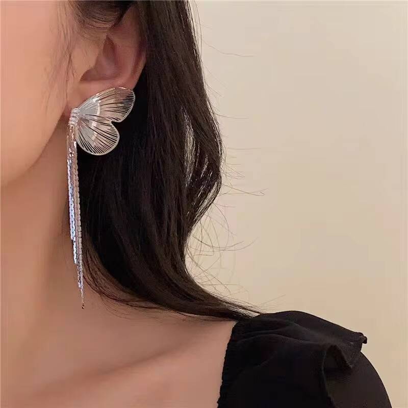 Butterfly Wing Personality Exaggerated Rhinestone Long Tassel Earrings Fashion Metal Unique Party Accessories for Girls
