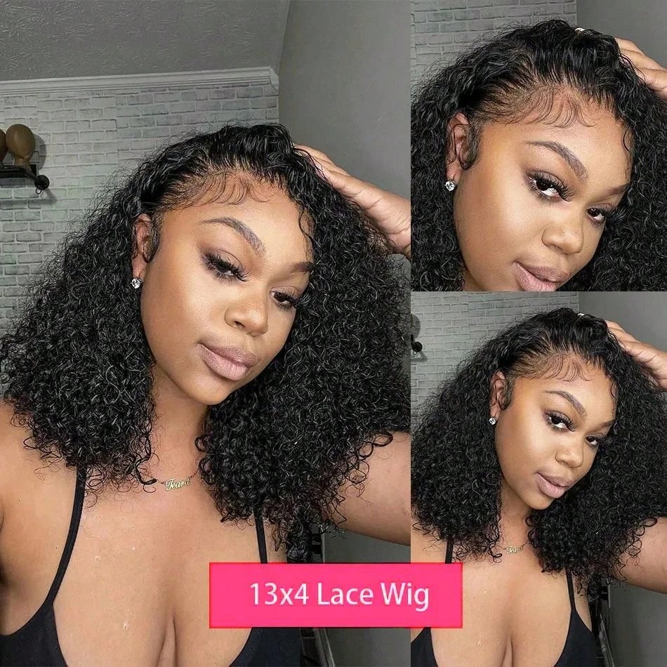 Curly Lace Front Wig Human Hair For Black Women 13x4 HD 360 Full Lace Wig Short Bob Lace Frontal Wigs Pre Plucked Glueless Wig Wear And Go Synthetic