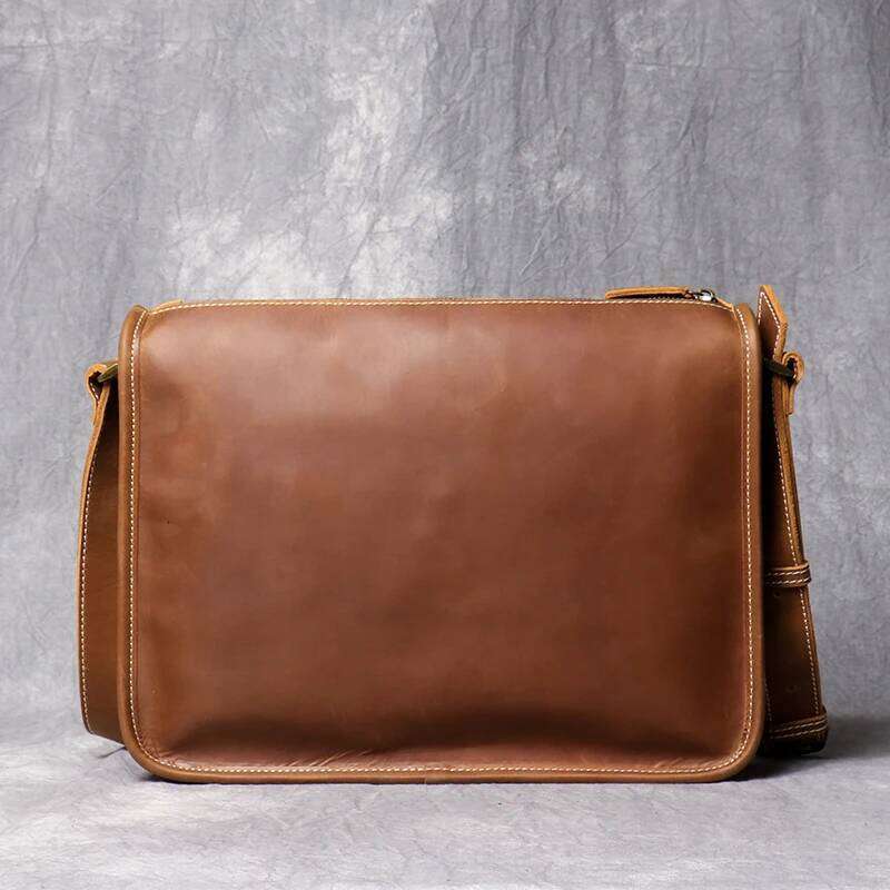 Leathfocus Crazy Horse Shoulder Men's Vintage First Layer Cowhide Leather Crossbody Bag for 12.9-inch Laptop