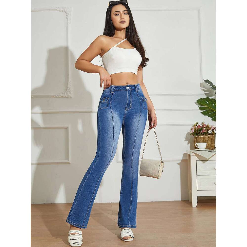 Y2K High Street Rise Blue Women Bootcut Pockets Streetwear Low Waist Jeans Wide Leg Pants