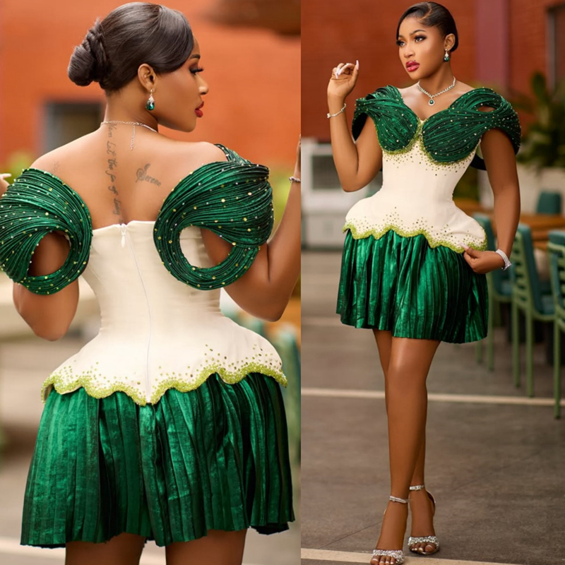 2025 Plus Size Aso Ebi Green Cocktail Dresses For Women Short Mini Dress Sheath Off Shoulder Beaded Pleated Ruffles Homecoming Gown For Nigeria Black 