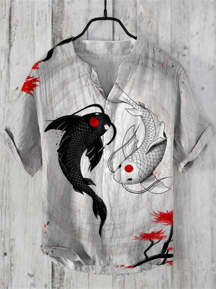 2025 mens Linen shortsleeved Shirt Fashion Casual Printed Tops European And American Style Clothing 250808