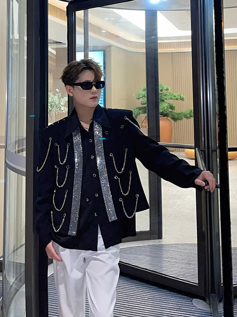 Black Short Suit Coat Autumn Clothes Mens Fashion Rhinestone Metal Chain Loose Long Sleeve Handsome Loose Jackets Tops 250811