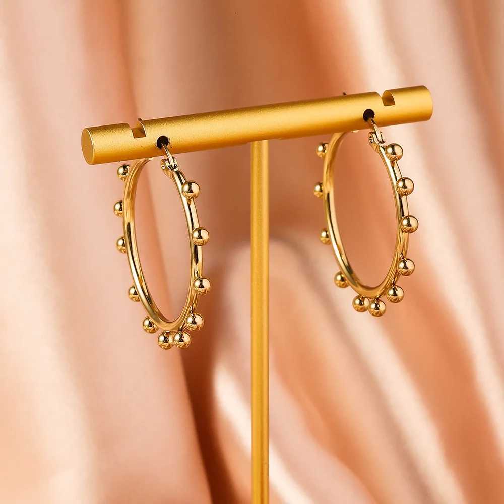 Womens Geometric Round Steel Ball Stainless Steel Hoop Earrings Electroplated Gold Color Non Fading Earrings XJ250814